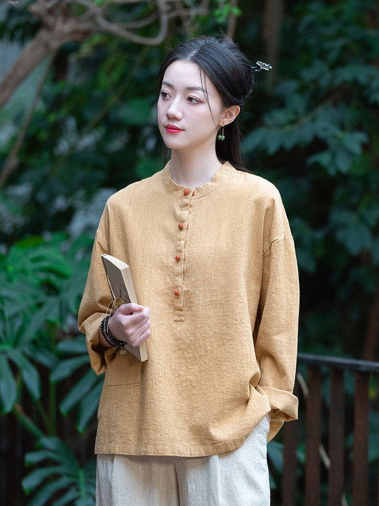 Cotton and linen women's stand up collar color blocked pan button pullover plus size top women's cotton and linen shirt