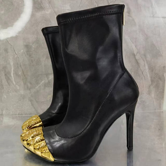 Women's boots, elastic boots, short boots, fashionable gold thumb toe, high-heeled slippers, versatile temperament, slim heels