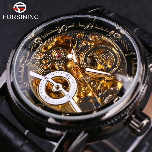 Forsining Hollow Engraving Skeleton Casual Designer Black Golden Case Gear Bezel Watches Men Luxury Brand Automatic Watches