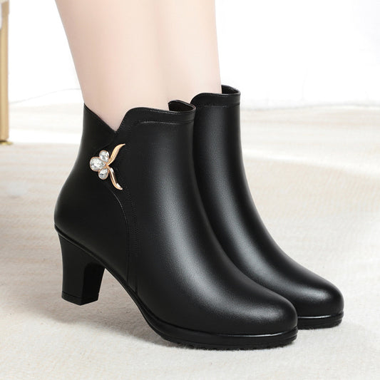 Business short boots, women's boots, mid heel, round toe, anti slip, women's thick heel with plush cotton shoes, single boots with plush boots